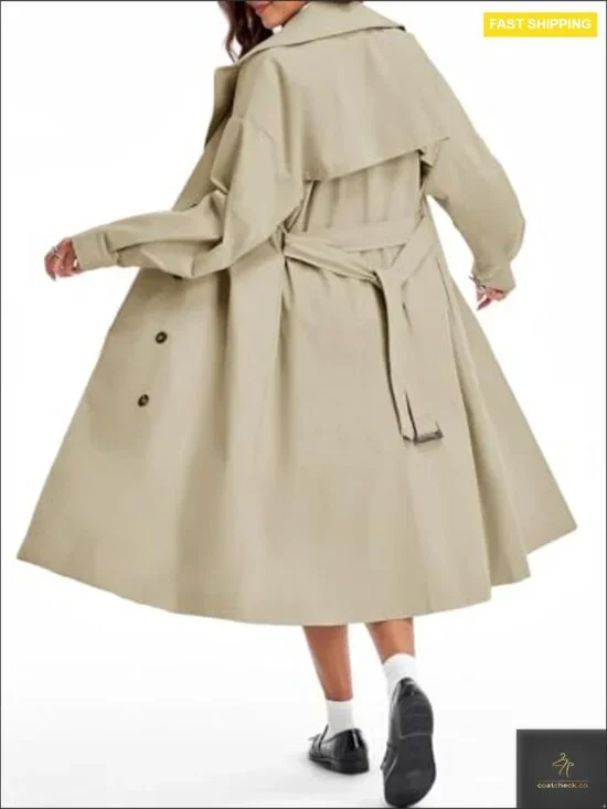 Oversized Double Breasted Trench Coat Classic Elegant Chic Belted Overcoat - Picture 3 of 7